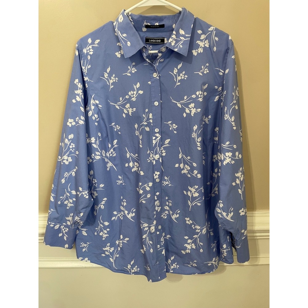 Lands End 2X 22W No Iron Supima Cotton Blue White Floral Button Down Shirt